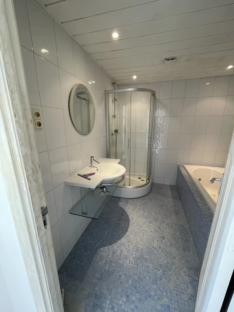 Een badkamer voor de renovatie, met een hoekdouche en een vinylvloer