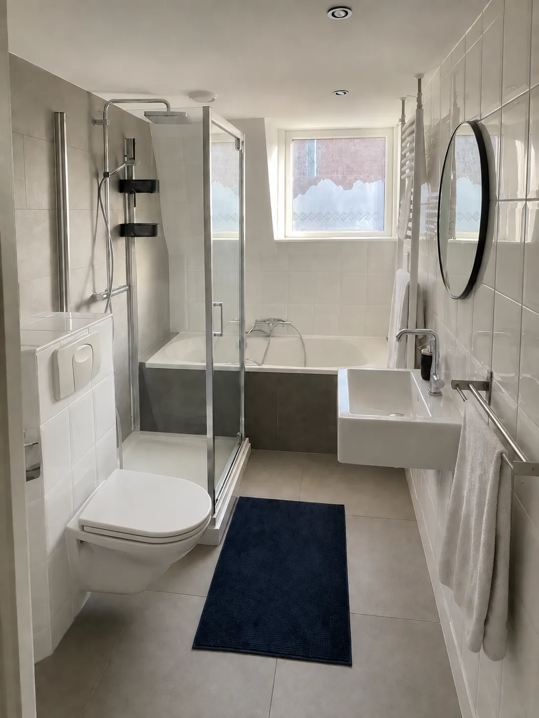 Dezelfde badkamer in Rotterdam na de badkamerrenovatie, met een douchecabine van glas, nieuw tegelwerk en het behouden bad