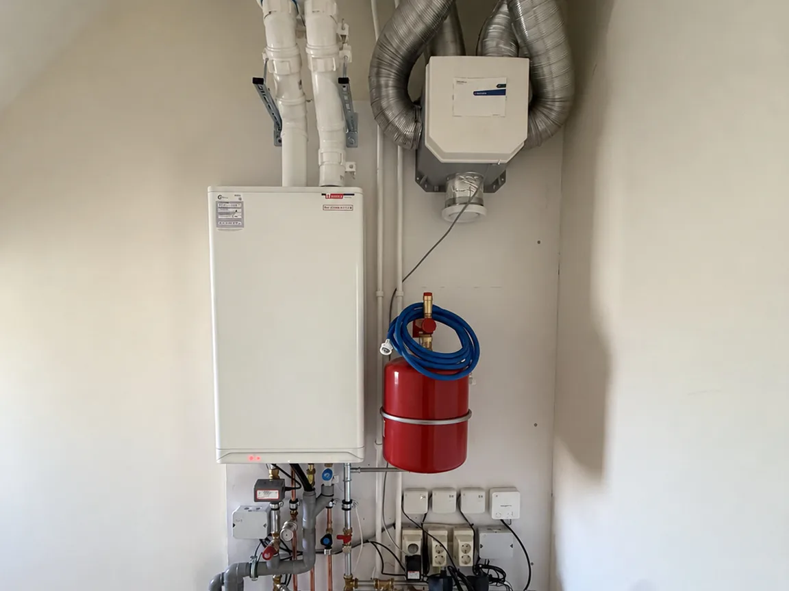 Cv-installatie, mechanische ventilatie en zoneregeling bij elkaar aan de wand na verduurzaming door Clootcrans in Rotterdam