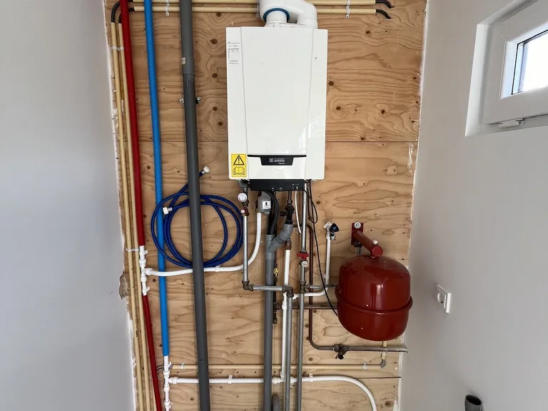 Cv-ketel met het bijbehorende leidingwerk, aangelegd tijdens een renovatie