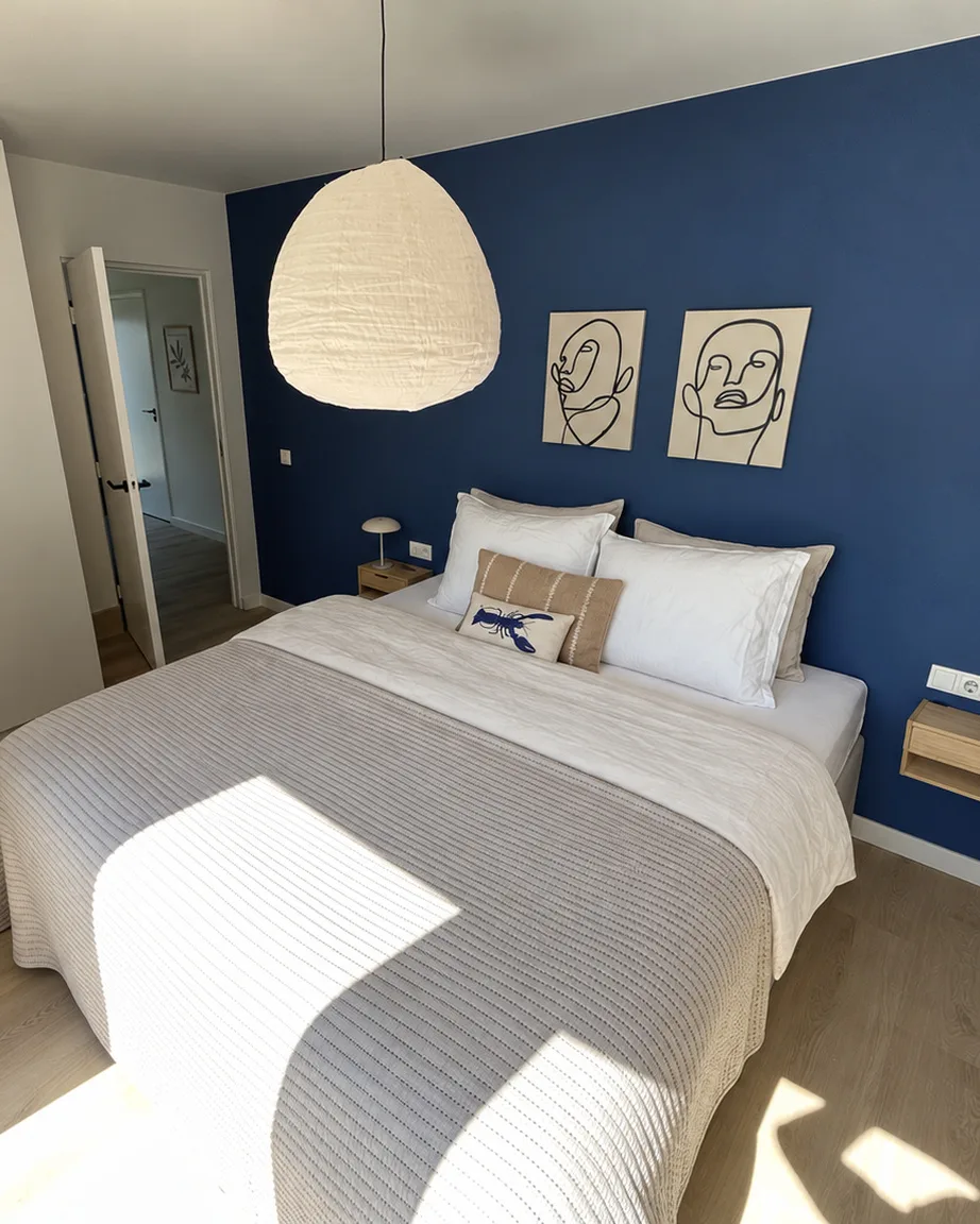 Vernieuwde slaapkamer met een diepblauwe wand na een volledige renovatie