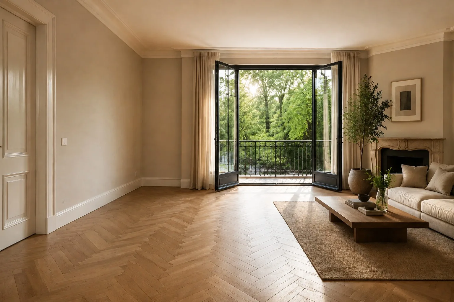 Lichte woonkamer met een houten vloer en hoge ramen